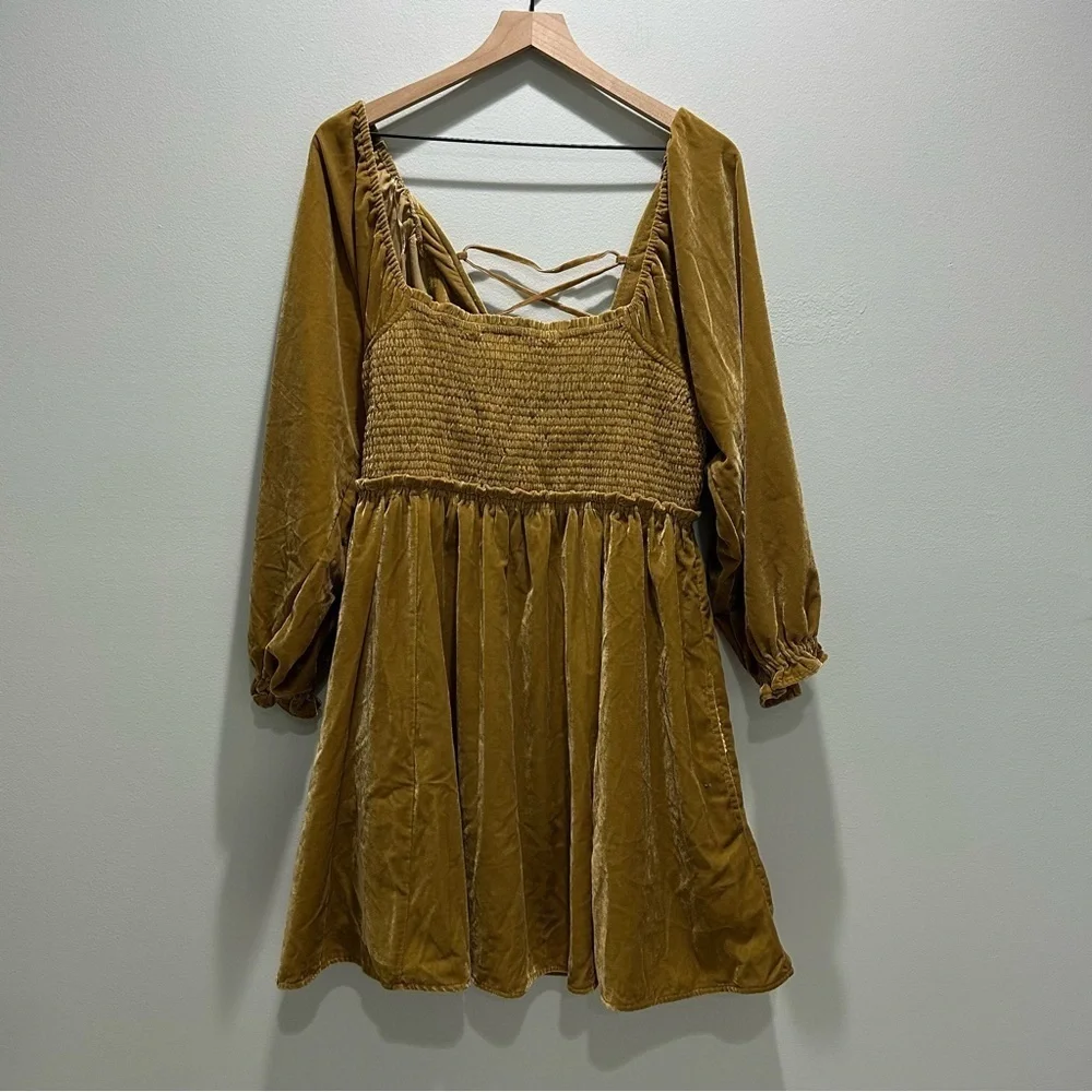 Free People Daphne Velvet Mustard Yellow Mini Dress